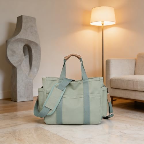 Eagerrich Canvas Crossbody Tote Bag with Multi Pockets for Women Work Large Handbags Shoulder Bag Messenger Bag Travel Purse - color: Green