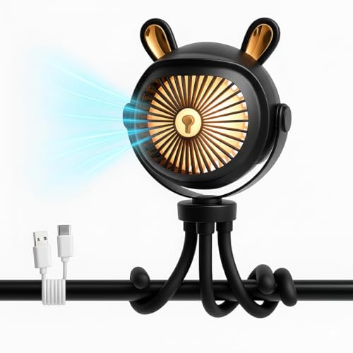 Stroller Fan for Baby with LED Light – Portable Clip-On Fan with Flexible Tripod Legs, USB Rechargeable, 3 Speeds, 120 Minutes Battery Life, Quiet Cooling for Travel, Nursery & Car Seat - color: BLACK
