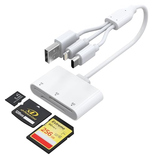 XD Card Reader, 3-in-1 SD/TF/XD Card Adapter - Lightning + USB A + USB C SD Card Reader Plug & Play, OTG Memory Card Reader for iPhone 17/16/15/14/iPad/PC/Android