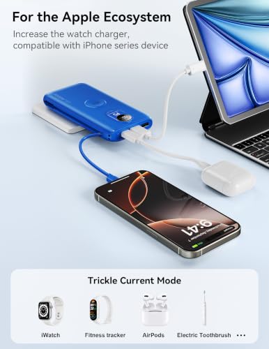 Portable Charger 10000mAh 20W, Wall Plug, 2 Cables, iWatch Charging | Digital Display, Compact Lightweight, USB C Fast Charge, USB-A 18W, Multi Protection, Travel Essential, for iPhone 17 16, Pad - color: Sapphire Blue