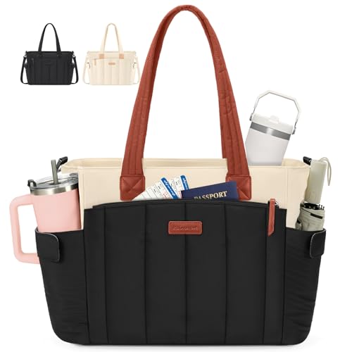 RAINSMORE Puffer Tote Bag for Women, 15.6 Inch Large Work Tote Laptop Bag | Quilted Tote with 40oz Cup Holder, Lightweight Shoulder Bag for Teacher Travel Business Casual Office, Black-Beige-Brown - color: Black-beige-brown