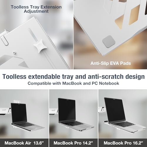 AVLT Adjustable Laptop Tray with Support Fans White (Fan Not Included) | Compatible with VESA 75x75 Monitor Arm - Suitable for Laptops Up to 17Inch Support for 120mm Fan
