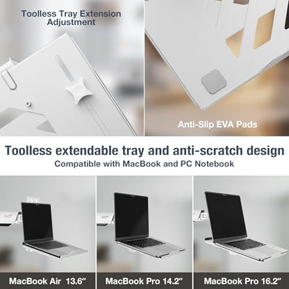 AVLT Adjustable Laptop Tray with Support Fans White (Fan Not Included) | Compatible with VESA 75x75 Monitor Arm - Suitable for Laptops Up to 17Inch Support for 120mm Fan