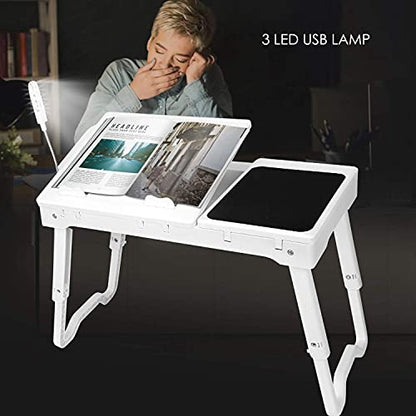 Laptop Table Bed Notebook Desk-Multi-Functional Laptop Bed Table Tray with Internal Cooling Fan, Laptop Desks with LED Light, 4 USB Ports, Storage, Mouse Pad (white)