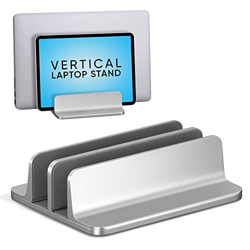 Kuzy Aluminum Laptop Stand, Dual-Slot Vertical Holder for MacBook, Gaming Laptops & Tablets, Adjustable & Secure, Silver, Laptop Stand Vertical - color: Silver