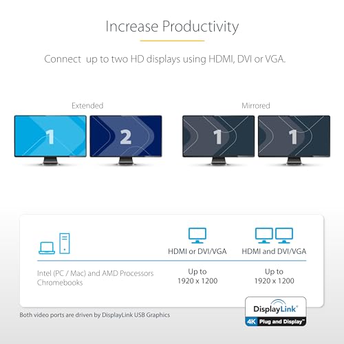 StarTech USB-A Dual Monitor Dock, HDMI & DVI/VGA, 6x USB-A, GbE, Audio, TAA | For USB-A laptops, with four USB 2.0 plus two 5Gbps ports, a DVI-to-VGA adapter, slim upright design and mic/headphone jacks - size: Dual Monitor, style: HDMI | DVI/ VGA | 6 x U
