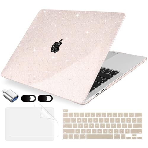 MecBevia Compatible with MacBook Pro 13 inch Case 2022 2021 2020 Release M2 M1 A2338 A2251 A2289, Plastic Hard Shell&Keyboard Cover&Screen Protector&Webcam Cover&Type-C Adapter, Sparkly SakuPink - color: Sparkly SakuPink