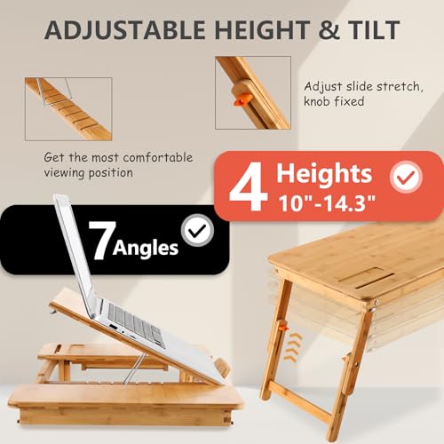 Laptop Desk Nnewvante Bamboo Lap Desk, Adjustable Bed Tray, Large Size | 7 Tilting Top Angles, 4 Heights, Drawer & Phone Slot, Foldable Serving Tray Breakfast Table 27.95" x 13.8" - color: Bamboo