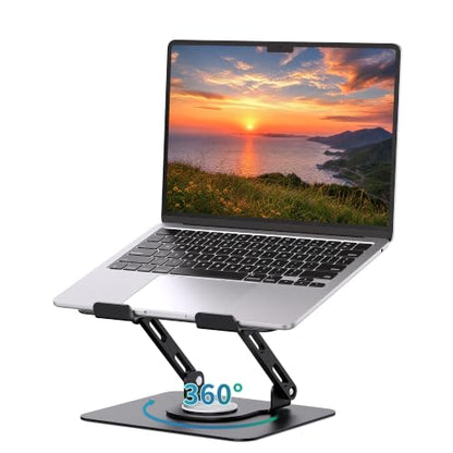 SOUNDANCE 360 Rotating Laptop Stand, Ergonomic Computer Riser for Desk, Adjustable Height Multi-Angle Metal Holder, Foldable Portable Notebook Elevating Base for Office & Home, Black - color: Black