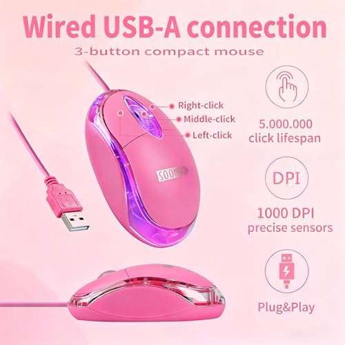 SOON GO Pink Mouse,Computer Mouse,with 1.5m Pink USB Cable - Compatible with Windows, Linux, Mac, Laptop, PC & Desktop - Ideal for Office, Home, Business, School, Kids & Women - color: Pink