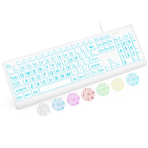 SABLUTE Large Print Backlit Keyboard, Wired USB Lighted Computer Keyboards with 7-Color & 4 Modes Backlit, Oversize Letters Keys Easy to See and Type, Keyboard Compatible for PC, Laptop (White) - color: White