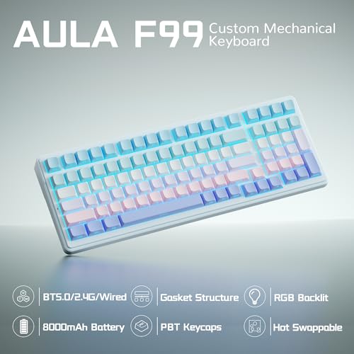 Aula F99 Wireless Mechanical Keyboard, Gasket Hot Swappable, Side Printed PBT Keycaps, RGB Backlit, Creamy Cute Sound Computer Gaming Keyboards, Tri-Mode BT/2.4GHz/USB-C Gaming Keyboard for PC/Tablet - color: Blue Purple