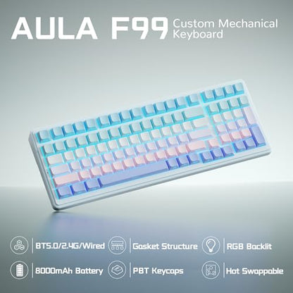 Aula F99 Wireless Mechanical Keyboard, Gasket Hot Swappable, Side Printed PBT Keycaps, RGB Backlit, Creamy Cute Sound Computer Gaming Keyboards, Tri-Mode BT/2.4GHz/USB-C Gaming Keyboard for PC/Tablet - color: Blue Purple