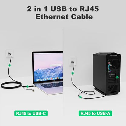USB to Ethernet Cable 6 FT, USB-C & USB-A Port Two in One, USB C to RJ45 Network Cord, Gigabit, Directly Connected, Thunderbolt 4/3 Compatible with PCs, Laptops, Tablets, Smartphones- Not for Charging - size: 6 FT