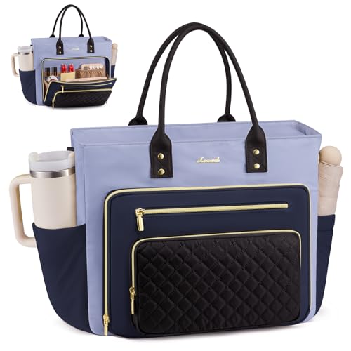 LOVEVOOK Laptop Tote Bag for Women, Teacher Work Bags Computer Laptop Bag, Nurse Bags With Large Cup Holder, Professional Briefcase Business Large Purses Handbag, Mother Gift, 17 Inch - color: Gray Blue-black-navy Blue, size: 17.3 inch
