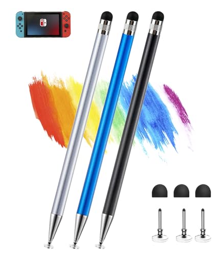 Kenkor Stylus(3pcs),2-in-1 Stylus Pen for Touch Screen, Stylus Pen for iPad | No Charging,Compatible with Apple(iPhone/iPad)/Nintendo Switch/Samsung/Google/Microsoft/Android Tablets Touch Screens Devices - color: Black+Blue+Silver
