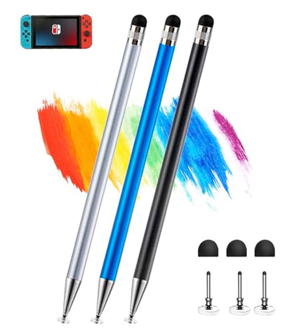 Kenkor Stylus(3pcs),2-in-1 Stylus Pen for Touch Screen, Stylus Pen for iPad | No Charging,Compatible with Apple(iPhone/iPad)/Nintendo Switch/Samsung/Google/Microsoft/Android Tablets Touch Screens Devices - color: Black+Blue+Silver