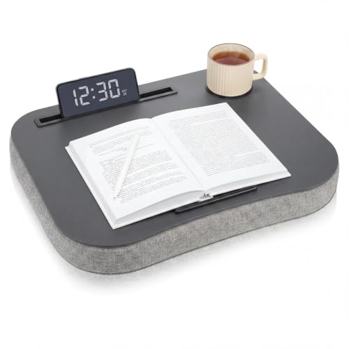 Lewtemi Dark Gray Laptop Lap Desk with Cushion Cup Holder and Stopper Padded and Phone Holder Couch Bed Sofa Fits up to 15.6 Inch Portable Lap Desk for Home Office Study Writing - color: Dark Gray