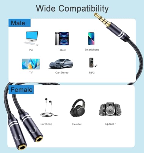 3.5mm Headphone Splitter, 36cm/14 inch Hi-Fi Sounds Extension Cable Audio Stereo Y Splitters, 3.5 mm Male to 2 Female (TRRS - 4 Pole), Nylon-Braided Aux Cable Compatible with PS4, Switch & More - style: 1 Pack Y Headphone Splitter