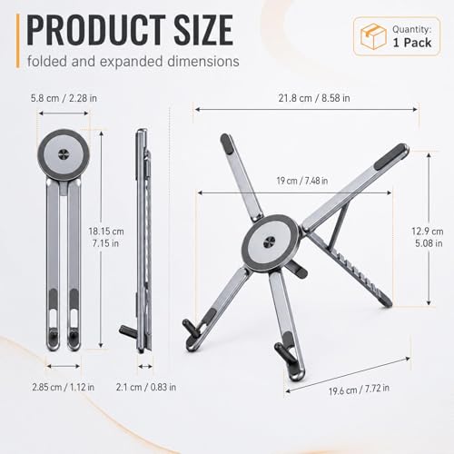 3 in 1 Magnetic Laptop Stand Foldable(Aluminum Alloy Gray) | For Phone Tablet Laptop 10-16 Inch, 8 Level Height Adjustable Computer Riser, Aluminum Alloy, Travel Desk Home Office Use
