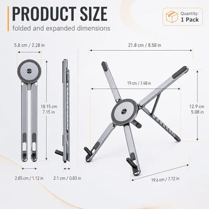 3 in 1 Magnetic Laptop Stand Foldable(Aluminum Alloy Gray) | For Phone Tablet Laptop 10-16 Inch, 8 Level Height Adjustable Computer Riser, Aluminum Alloy, Travel Desk Home Office Use