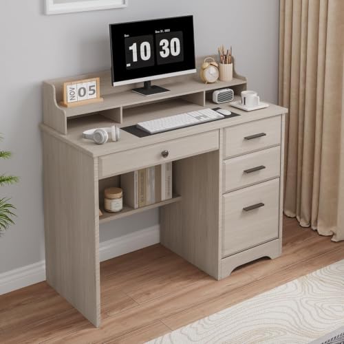 4 EVER WINNER Small Desk with Drawers for Small Spaces, 44'' Computer Desk with File Cabinet & Monitor Stand, Wood Writing Desk for Bedroom, Living Room, Off White - color: Off White