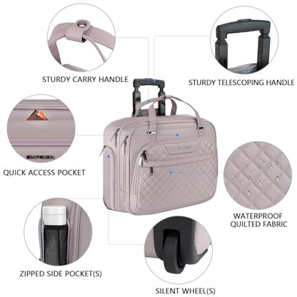 EMPSIGN Rolling Laptop Bag Women, Rolling Briefcase 15.6 Inch, Grey Pink | Water-Repellent, Airline Approved, Overnight Computer Bag, Rolling Briefcase with Wheels, Travel Business Work - color: Quilted Grey Pink