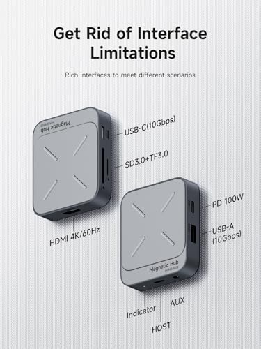 Hagibis Magnetic USB C Hub with Magsafe for iPhone 17 16 15 Pro Max, 7 in 1 Type-C Docking Station 4K@60Hz HDMI SD3.0 TF3.0 Card Solt 100W PD 10Gbps USB-C AUX for MacBook Pro Air, iPad Pro (TC100)