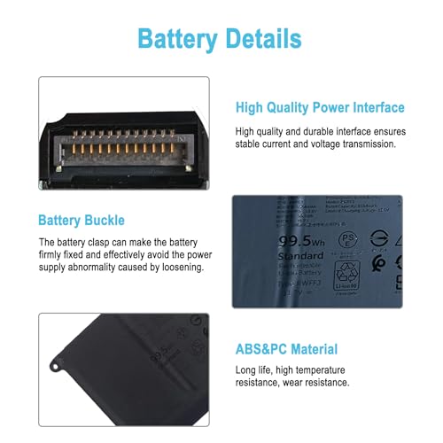 99.5Wh RWFFJ Replacement Laptop Battery for DELL XPS 16 9640 2024 Series Notebook 0WPGCC WPGCC 0400FY J8FK9 0J8FK9 451-BDGK 11.7V 8504mAh 6-Cell