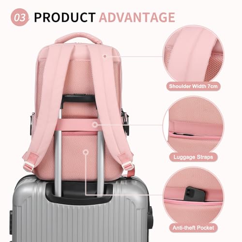 Waterproof Laptop Backpack for Men & Women, Flight Approved Anti-Theft Daypack with 15.6-inch Laptop Sleeve (Pink) - color: Pink