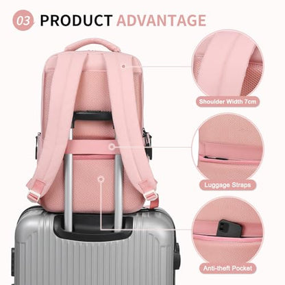 Waterproof Laptop Backpack for Men & Women, Flight Approved Anti-Theft Daypack with 15.6-inch Laptop Sleeve (Pink) - color: Pink