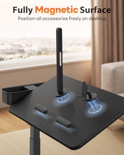 SAIJI Magnetic Overbed Bedside Table with Wheels, Height and 360° Angle Adjustable Over Bed Desk with Led Light, Portable Lengthened Rolling Laptop Standing Desk Mobile Bed Tables Hospital Home Use