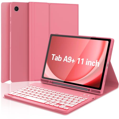 Keyboard Case for Samsung Galaxy Tab A9 Plus 5G 11 inch 2023 (SM-X210/X216/X218), 7 Color Backlit Detachable Keyboard Bluetooth, Smart Folio Cover with S Pen Holder for Galaxy Tab A9+ 11"(Dark Pink) - color: Dark Pink