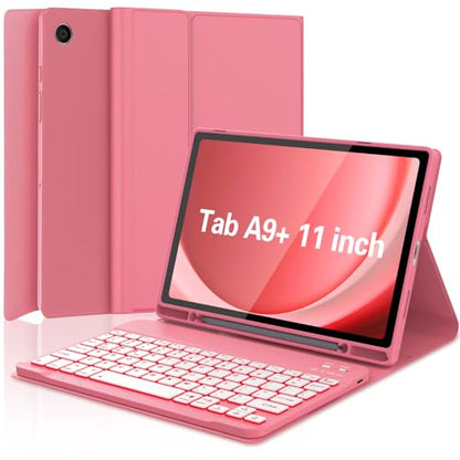 Keyboard Case for Samsung Galaxy Tab A9 Plus 5G 11 inch 2023 (SM-X210/X216/X218), 7 Color Backlit Detachable Keyboard Bluetooth, Smart Folio Cover with S Pen Holder for Galaxy Tab A9+ 11"(Dark Pink) - color: Dark Pink