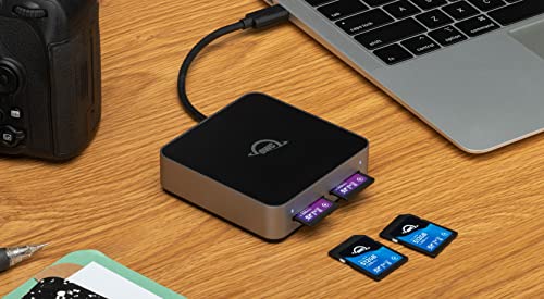 OWC Atlas Dual SD Card Reader with USB-C 10Gb/s | Simultaeously access two SDXC UHS-II cards at full speed - Built-in cable with storage - USB-C port for longer cable use - size: Dual SD
