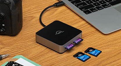 OWC Atlas Dual SD Card Reader with USB-C 10Gb/s | Simultaeously access two SDXC UHS-II cards at full speed - Built-in cable with storage - USB-C port for longer cable use - size: Dual SD