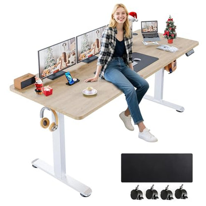 farexon Electric Standing Desk Adjustable Height, 71 x 28 Inch Sit Stand up Desk with Large Mouse Pad, Double Metal Hook,4 Wheels,4 Memory Preset Heights Home Office Computer Desk,Oak Grey - color: Oak Grey, size: 71 x 28''
