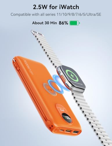 Portable Charger 10000mAh 20W, Wall Plug, 2 Cables, iWatch Charging | Digital Display, Compact Lightweight, USB C Fast Charge, USB-A 18W, Multi Protection, Travel Essential, for iPhone 17 16, Pad - color: Vitality Orange