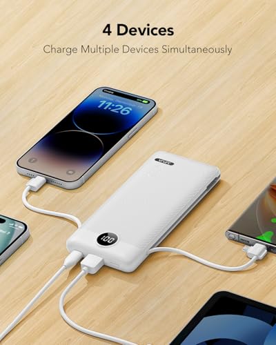 VRURC Portable Charger, Power Bank Built-in Cables and AC Wall Plug | USB C Power Bank 10000mAh Travel Essentials Phone Charger Compact External Battery Pack For Smart Phones, Tablets etc-White - color: White