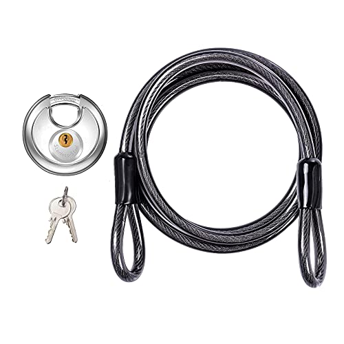 DELSWIN Disc Padlock with Cable - Stainless Steel Discus Lock,3/8-Inch Shackle and 6 Ft Security Steel Cable for Outdoor Fence Bike Kayak Trailer - color: Lock & Cable, size: 3/8 inch(D) X 6ft(L)