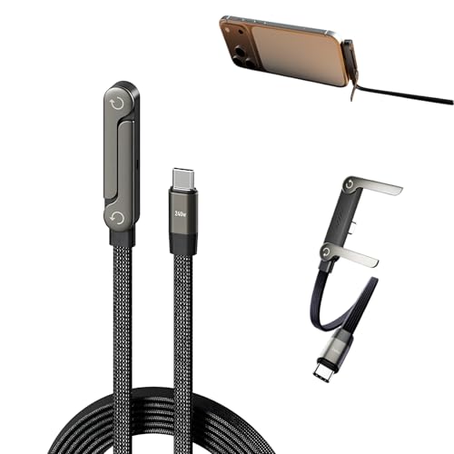 2-in-1 Invisible Stand Charging Cable, 240W USB-C Fast Charge, 5FT | Zinc-Alloy & Braided Nylon for Desk/Travel/Gaming, Foldable Invisible Stand with 360° Ergonomic Angle, Tangle-Free Flat Cord - color: Black 1pcs