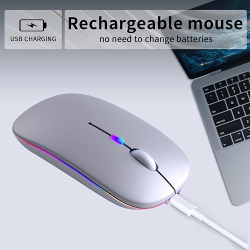 KANMABPC Wireless Bluetooth Mouse – Rechargeable, Silent, Dual Mode (Bluetooth 5.2 & USB) with LED Lights – Portable for Laptop, Desktop, & Tablet(Silver) - color: Silver