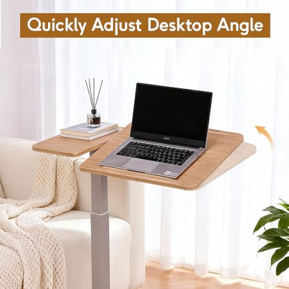 Pneumatic Overbed Table with Wheels, Height Adjustable Bedside Table with Ultra-Low Base for Hospital & Home, Rolling Laptop Cart with Beige Finish - color: Beige