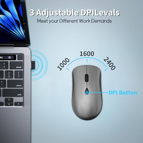 Slim Silent 2.4G Wireless Optical Mouse, Grey | Compatible MacBook, Chromebook, Laptop, PC; Quiet Click, 2400 DPI, Mini USB Receiver, Travel Portable Design - color: Grey