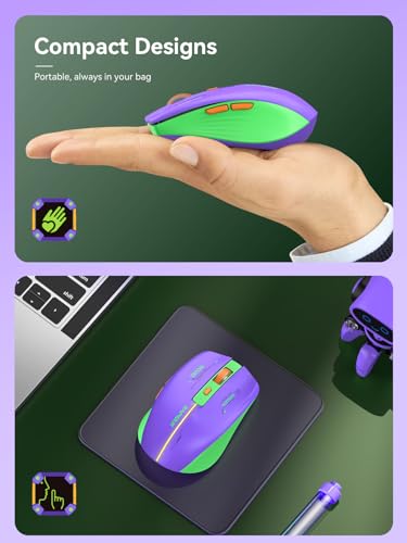 RAPIQUE Bluetooth Wireless Mouse - (BT1/BT2+USB Receiver) Dual Mode, Rechargeable, Quiet Click, Multi-Device Compatibility for Laptop, Computer, MacBook, Tablet (Purple and Green) - color: Purple and Green