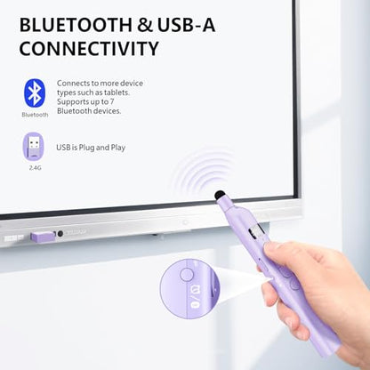N21 Bluetooth Presentation Clicker for PowerPoint with Retractable Pointer | ①Laser Pointer②Telescopic touch pen③Countdown timer, vibration alert ④Customizable Button ⑤Rechargeable;battery level display - color: Purple - Red Pointer