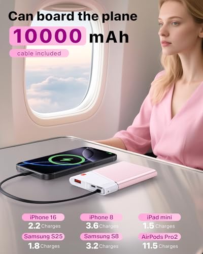 Aaoyun Portable Charger Power Bank, 10000mAh 22.5W PD Fast Charging Powerbank with Built-in USB C Cable, Slim External Phone Battery Pack for iPhone 17/16/15 Samsung S24 Android etc (Pink) - color: Pink-10000mah