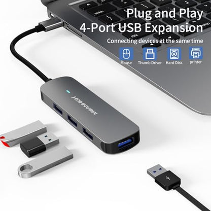 USB Hub 4 Ports, MEANHIGH Multiple USB A 3.0, 2.0 Splitter Portable Adapter for Laptop, Plug and Play Mini USB Extender for PC, Flash Drive, Mobile HDD - size: USB-A-Grey