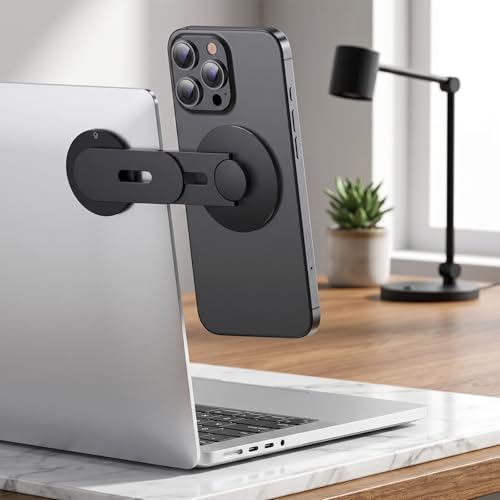 Magnetic Laptop Phone Holder, 360° Rotating Mount Compatible with MagSafe, MacBook, PC Monitor Screen Stand for Tesla, Black