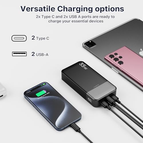 JUOVI Portable Power Bank 20000mAh, 35W Portable Charger, Battery Pack Fast Charging, PD3.0 QC4.0 Phone Battery Pack with LED Display for iPhone 16 15 14, Galaxy, Tablet, Switch, etc - color: Black
